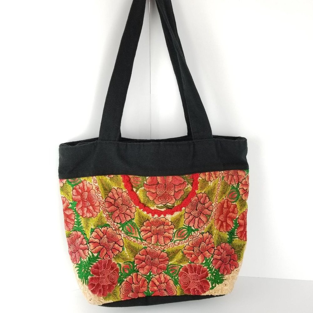 Guatemala Handmade Red Rose Floral‎ Embroidered Purse Tote Shoulder Bag《369》